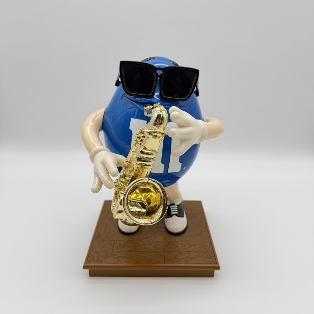 M&M's Blue Character Figurine w/ Sunglasses Holding Gold Saxophone Display